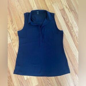 Ann Taylor Navy Blue Notched Collar Blouse Size M